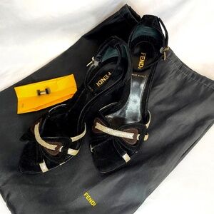 Fendi Black Suede Heeled Sandals – Ankle Strap – Size 36 – Like New